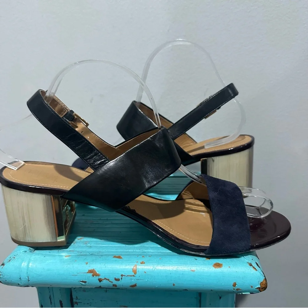 Tory Burch Gigi T Logo Black Midnight Blue Leather Sandal Size 9.5